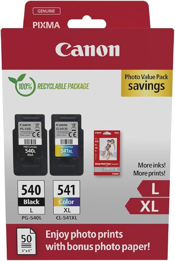 Canon PG-540XL + CL-541XL Fine Cartuchos de Tinta Original + Papel Foto