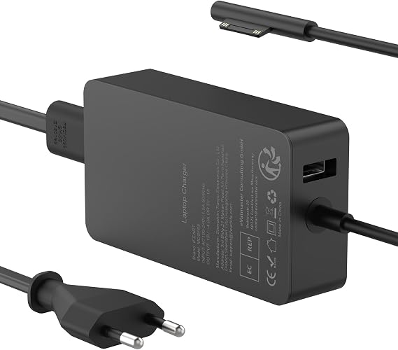 Cargador 65W 15V 4A Adaptador de Corriente para Microsoft Surface Pro 11/10/9/8/Pro 7/7+/6/5/ 4/3/X, Go 4/3/2/1, Surface Laptop 7/6/5/4/3/2, Book 3/2/1, con Puerto USB