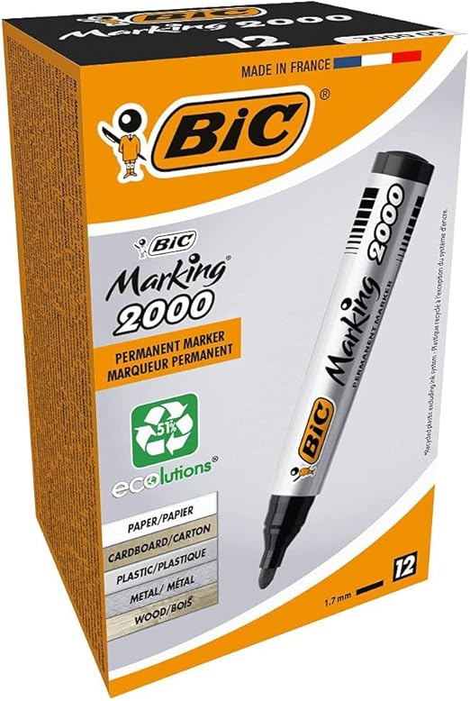 BIC Marking Rotuladores Permanentes, 2000 ECOlutions, Negro, Punta Media, Material Oficina, Caja de 12