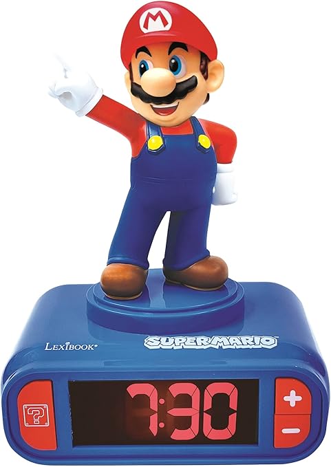 Lexibook Nintendo Super Mario-Reloj Despertador, a partir de 3 años, con Pantalla LCD Digital, quitamiedos niño, Azul/Roja RL800NI