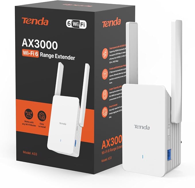 Tenda A33 Repetidor Wi-Fi 6 AX3000, Amplificador Señal WiFi, Doble Banda 2.4 GHz/5GHz, Extensor de Wi-Fi Compatible con Routers, Modo Ap, Botón WPS, Señal LED Inteligente, Blanco