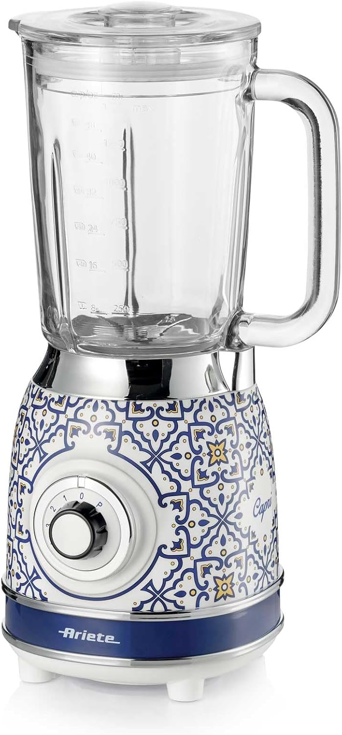 Ariete 583 Capri - Batidora de vaso con vaso de cristal de 1,5 litros, 4 cuchillas de acero inoxidable, 4 velocidades + pulso, 1000 W, cristal azul Capri