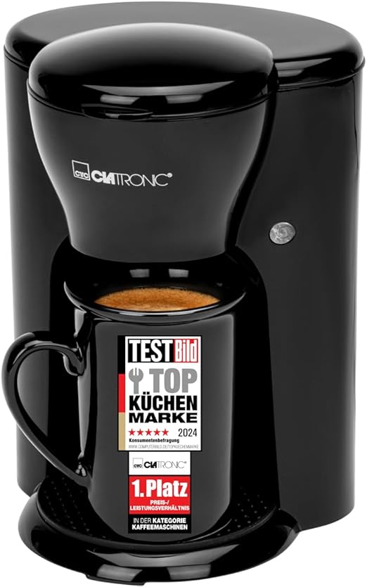 Clatronic Cafetera 1 taza | Cafetera de filtro | Taza de cerámica incluida en el volumen de suministro | Filtro permanente de nailon (extraíble) | Ideal para llevar | KA 3356