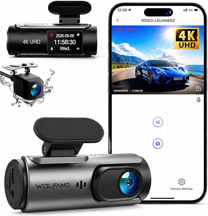 WOLFANG Cámara de Coche Delantera y Trasera 4K UHD, Dashcam de Doble Lente para Coches de 170º Gran Angular Monitor de Aparcamiento 24H con Grabación en Bucle y Sensor G