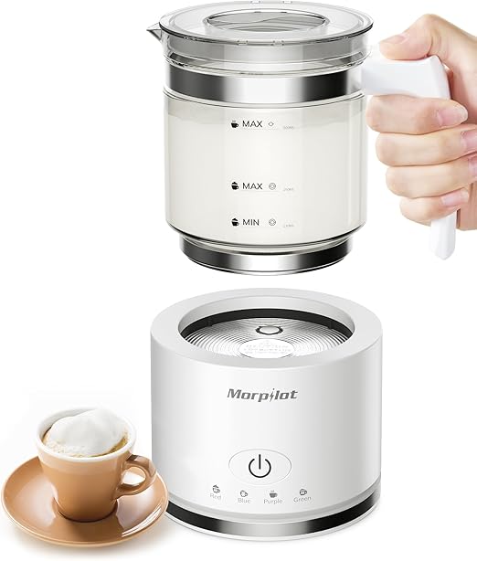 Morpilot Espumador de Leche Eléctrico, Espumador Leche 4 en 1 para Fría y Caliente 600W 500ml, Cuerpo de Vidrio Extraíble, Diseño Latte, Vidrio Visual, Acero Inoxidable Apto para Lavavajillas, Blanco