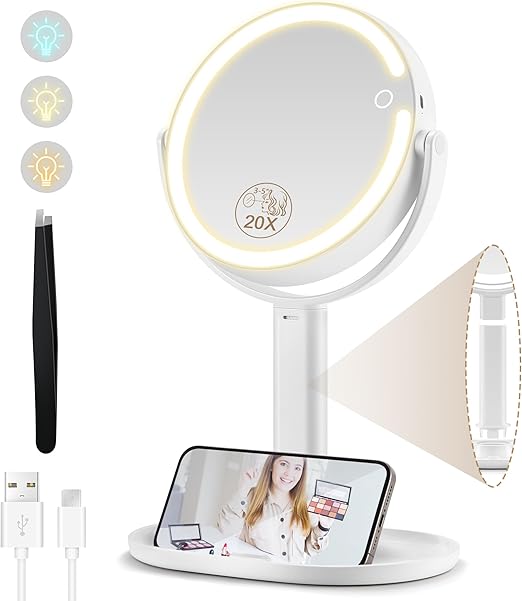 MOMOKUBA Espejo Maquillaje con Luz y Aumento, 8" Doble Cara, 3 Colores, 64 LED, 20x Aumento