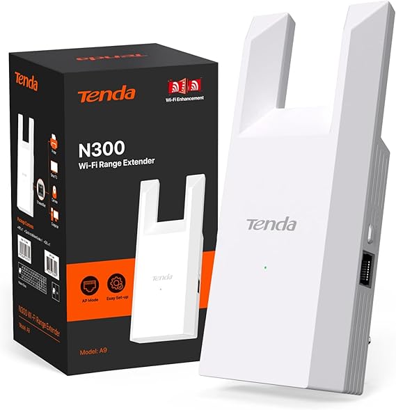 Tenda N300 Repetidor WiFi, Extensor Amplificador 2.4GHz 300Mbps, Instalación fácil, Puerto Ethernet, Modo Ap, A9