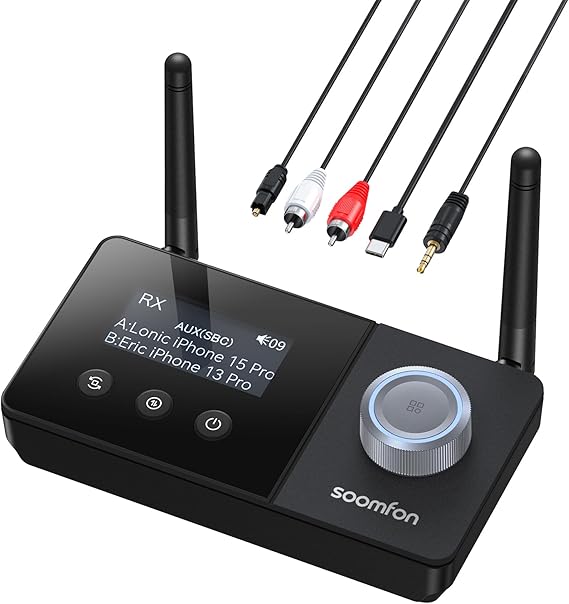 SOOMFON Transmisor Receptor Bluetooth 5.3, 3 en 1 Adaptador Bluetooth Audio, Receptor Bluetooth AUX Doble Conexión Larga Alcance 30 m, Emisor Bluetooth para TV/Auriculares/Sistemas de Sonido y más