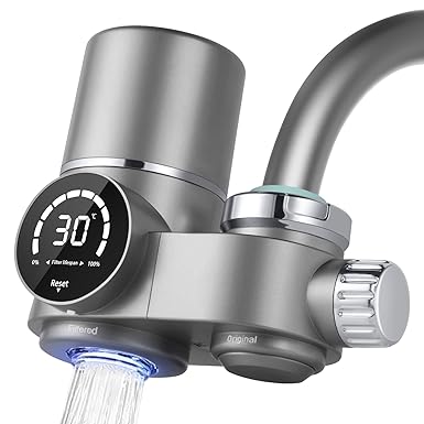 HOTUT Filtro de Agua Potable para el Hogar, Filtro de Agua para Grifo con Luz Azul, Filtro de agua con indicador LED, Filtro Agua Grifo con 1 Cartuchos de Fibra de Carbono, Elimina el Cloro