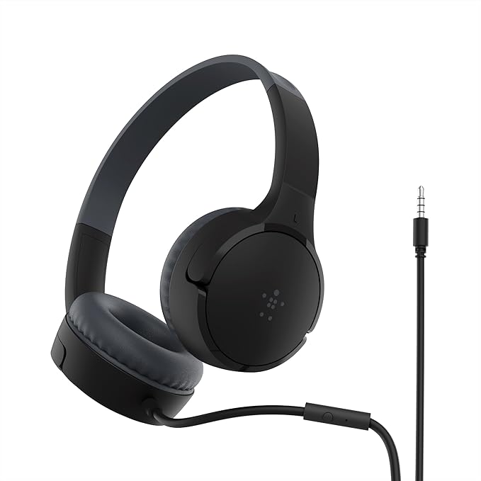 Belkin Auriculares supraaurales SoundForm Mini para niños, Cascos externos con micrófono, enseñanza Virtual, Colegio, Viajar, Jugar, para Dispositivos compatibles con Puerto de 3,5 mm, Azul