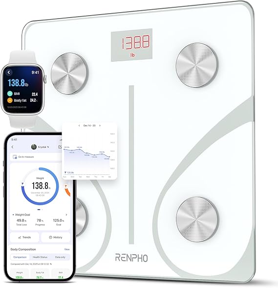 RENPHO Bascula de Baño Digital Grasa Corporal, Balanza Bluetooth Inteligente con App, Bascula Electrónica Analógica Monitore con Análisis Corporal, 13 Medicióne de Peso IMC Visceral e Muscular, Elis 1