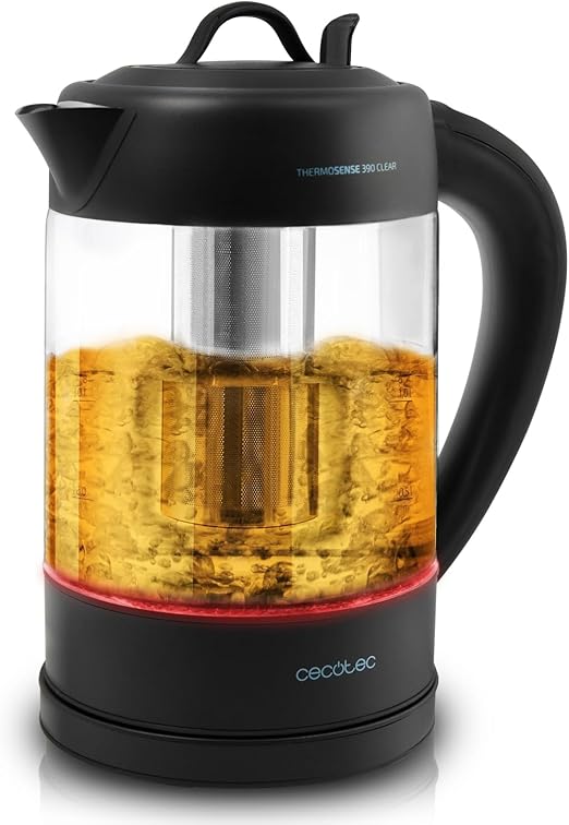 Cecotec Hervidor de Agua Eléctrico ThermoSense 390 Clear. 1,7 litros , Libre de BPA, 2200 W de Potencia, Base 360º, Filtro Antical Desmontable, Doble Sistema de Seguridad, Acero Inoxidable