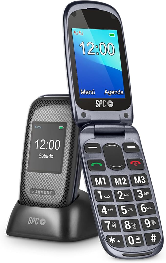 SPC Harmony - Teléfono móvil para Personas Mayores, móviles con Tapa, Teclas Grandes, Volumen Alto 96dB, Compatible con audífonos, contactos con Imagen, botón SOS, Doble Pantalla (2,4”+1,77”) - Negro