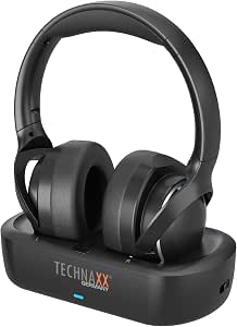 Technaxx Auriculares TV inalámbricos con Base de Carga – Cascos Bluetooth 5.4 Over-Ear con micrófono, 30h batería, USB-C, Entrada óptica y AUX – Ideales para televisión, Mayores y música - TX-350