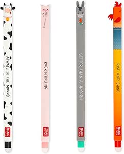 Legami - Set de 4 bolígrafos de gel borrable Farm Sweet Farm, bolígrafos con tinta borrable termosensible, negro, rosa, verde, rojo, borra sin consumir la hoja, punta de 0,7 mm