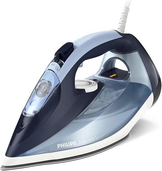 Philips Azur Series 7000 Plancha de vapor - 2800 W, 50 g/min de vapor continuo, 250g de golpe de vapor, vapor vertical, suela SteamGlide Plus, Louros/Algodón Azul (DST7020/20)