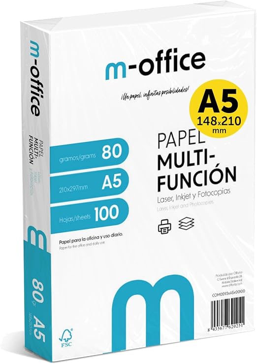 Confezione di fogli A5 80 g, confezione da 100 fogli, carta multifunzione per stampante inkjet e laser, fogli A5 148 x 210 mm, ideali per l'ufficio e la casa · m-office (100 fogli)