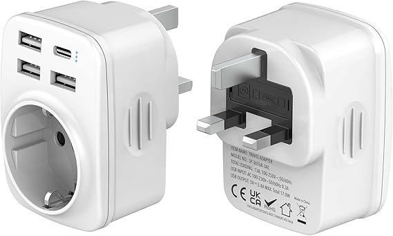 Hoppac Adaptador Enchufe UK,Adaptador Enchufe Ingles a EspañOl con 3USB A y 1USB C,Adaptador De Viaje Multifuncional 5 en 1 para UK,Singapur,Dubai,Tipo G