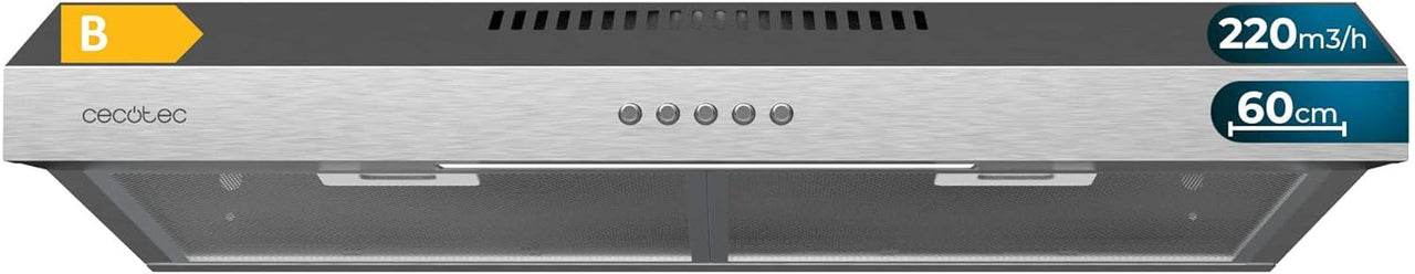 Cecotec Campana Extractora 60cm de Ancho Bolero Flux CM 602200 Inox B. Potencia Succión 220m3/h, Motor 70W, Bajo Consumo, Control Mecánico, 3 Niveles de Potencia, Acabado en Inox [Clase de eficiencia energética B]