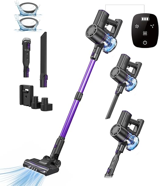 Vexilar 35Kpa Aspiradora sin Cable,3-en-1 Escoba Aspiradora sin Cable Menor Ruido, Autonomía 40 Mins,Potente Succión,Pantalla Táctil Led, 4 Etapas de Filtración,Aspirador Vertical para Pelo de Mascota