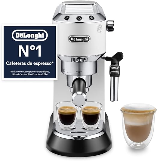 De'Longhi Dedica - Cafetera de Bomba de Acero Inoxidable para Café Molido o Monodosis, Cafetera para Espresso y Cappuccino, Depósito de 1.3 Litros, Sistema Anti-goteo, EC685.W, Blanco