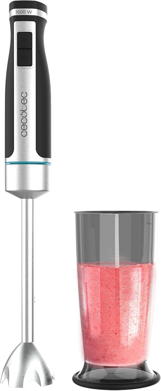 Cecotec Batidora de Mano PowerGear 1500 XL. 1500 W, 21 Velocidades + Turbo, Acero Inox/Silicona, Brazo XL, Cuchilla de 4 hojas, Recubrimiento de Titanio, Engranaje de Metal, Incluye Vaso con Tapa