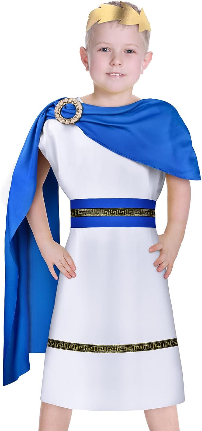 AOOWU Disfraz de Romana para Niño, Disfraz de Toga Griega para Niños con Mantón Azul, Disfraz Griego Niño Romano, Disfraces Carnaval Históricos Antigua Grecia Roma para Niños