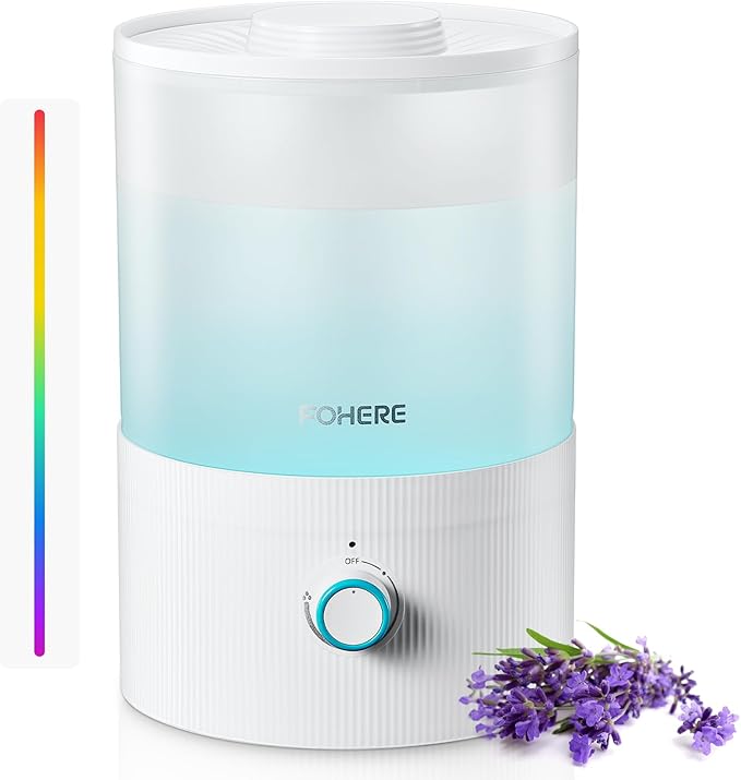FOHERE Humidificadores para dormitorios, humidificador 3.2L de llenado superior para habitaciones de bebés y plantas, difusor de aceites esenciales 2 en 1 con luz de 7 colores, silencioso, blanco