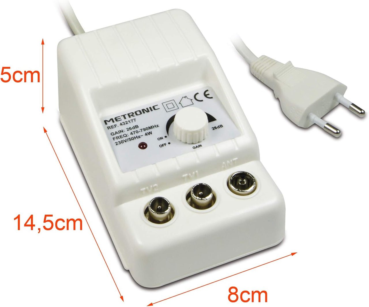 Metronic - 332177, amplificador de antena de TV interior para canales de TDT, compatible con 4G/5G, 26 dB, 2 salidas con toma de TV de 9,52 mm, blanco