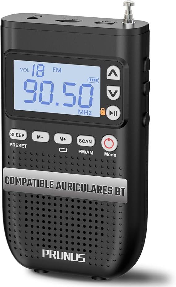 PRUNUS J-618 Mini Radio de Bolsillo admite Conexión de Auriculares Bluetooth, AM FM Radios Digital con Preajuste Manuales, Radio Portatil Pequeña Recargable de 2000mah, Altavoz Tarjeta SD/Bluetooth.