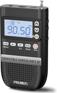 PRUNUS J-618 Mini Radio de Bolsillo admite Conexión de Auriculares Bluetooth, AM FM Radios Digital con Preajuste Manuales, Radio Portatil Pequeña Recargable de 2000mah, Altavoz Tarjeta SD/Bluetooth.