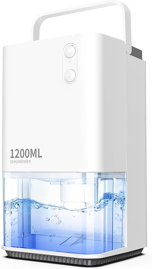 EasyAcc® Deshumidificador 1200ML,Deshumidificador de Humedad Pequeño Silencioso con Portátil Mango, 7 LED Colores, Apagado Automático, Descongelación Baño Dormitorio Oficina RV Blanco