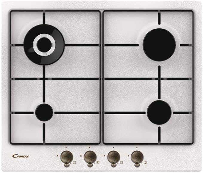 Candy Classic placa de cocción a gas de 4 fuegos, acero inoxidable, quemador de doble corona, parrillas esmaltadas ligeras y lavables en lavavajillas, 59,5 x 51 x 3,8 cm, color avena – CHW6BRAV4WGT