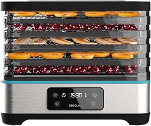 Cecotec Deshidratador de Alimentos VitaDry Pro. 300 W, Deshidratadora de Frutas con 5 Bandejas Altura Regulable, Pantalla Digital, Temporizador 30 min a 48 hs, Temperatura 35º-70º, Inox