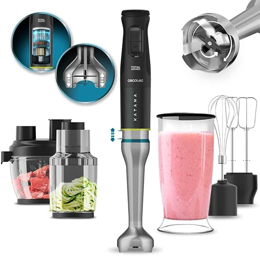 Cecotec Batidora de Mano Katana 15 TotalDestroy Full B. 1500 W, Sistema de Dobles cuchillas, 21 Velocidades y Turbo, 4 Hojas con Titanio Negro, Campana antisalpicaduras, Vaso 800 ml
