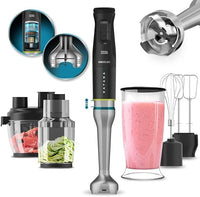 Cecotec Batidora de Mano Katana 15 TotalDestroy Full B. 1500 W, Sistema de Dobles cuchillas, 21 Velocidades y Turbo, 4 Hojas con Titanio Negro, Campana antisalpicaduras, Vaso 800 ml