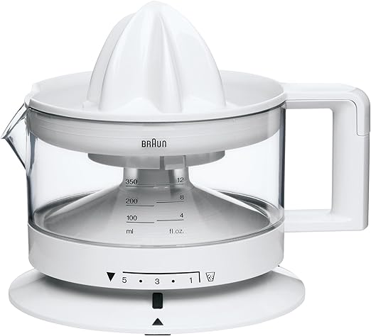 Braun CJ3000 Spremiagrumi, rotazione a destra e sinistra, avvio e arresto automatici, base antiscivolo, vano portacavo, capacità caraffa 350ml con misuratore graduato, pratico beccuccio, 20w, Bianco