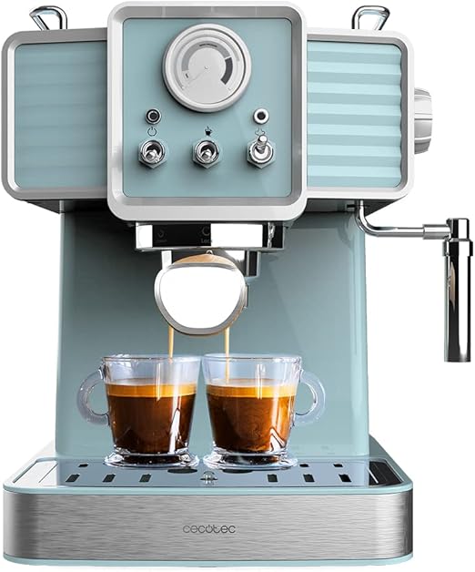 Cecotec Cafetera Express Power Espresso 20 Tradizionale Light Blue. 1350 W, Espresso y Cappucicno, 20 Bares y Thermoblock, Vaporizador, Manómetro, Diseño Vintage, Capacidad 1,5 Litros