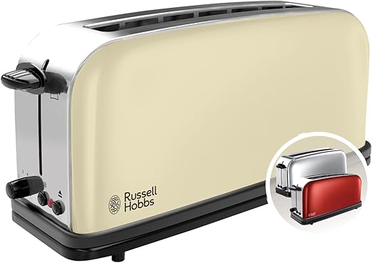 Russell Hobbs Tostadora Colours Plus - 1 Ranura Larga y Ancha para 2 Rebanadas, Bandeja Recogemigas, Calientapanecillos, Función Cancelar y Descongelar, Acero Inoxidable, Crema - 21395-56