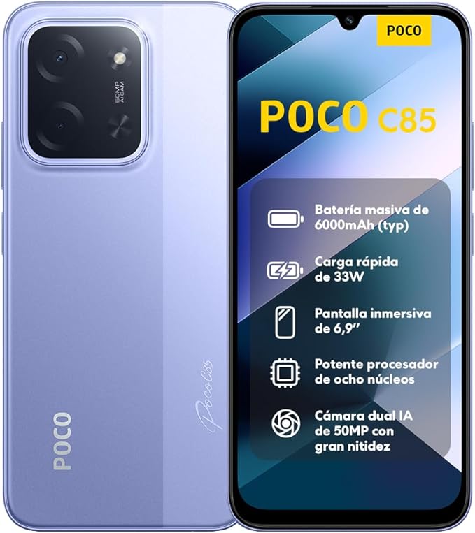 XIAOMI POCO C85 - Smartphone de 8+256GB, Cámara Dual de 50MP con AI, Pantalla inmersiva de 6,9”, Potente procesador Octa-Core, Carga rápida de 33W, 6000mAh, Cargador no Incluido, Morado (Versión ES)