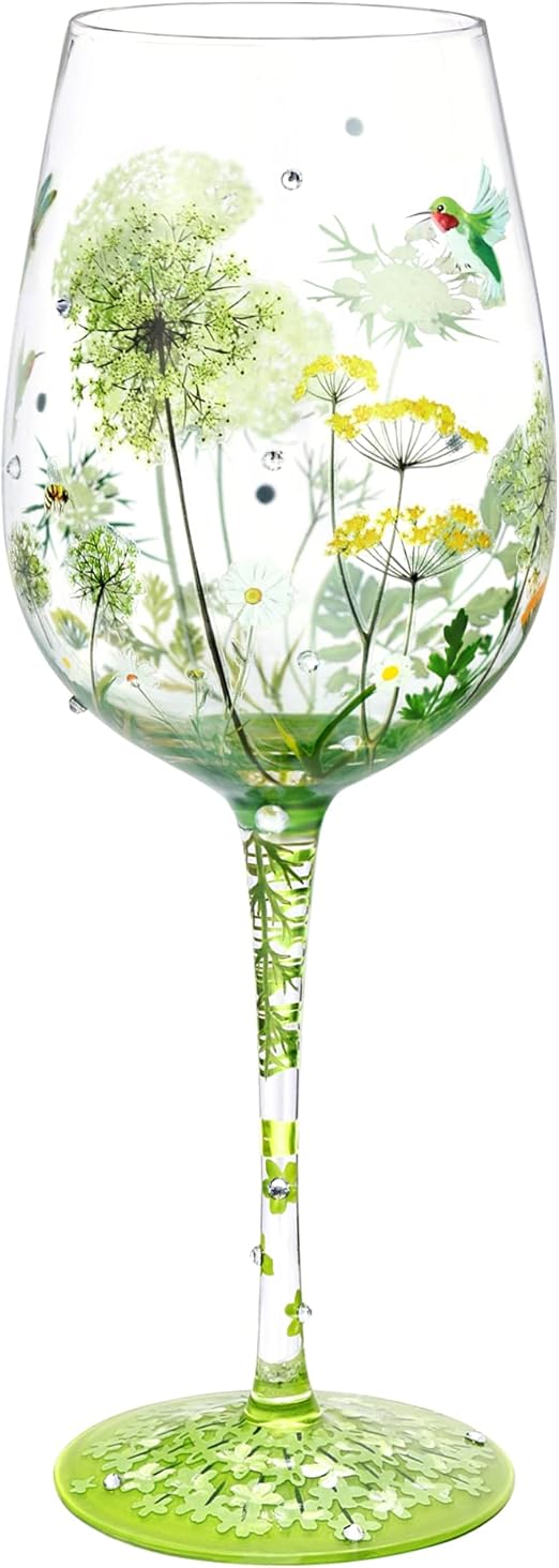 NymphFable Copa de Vino Pintada a Mano Flor Pájaro Libélula Copa de Vino Tinto 15oz Regalo para Familia o Amigo