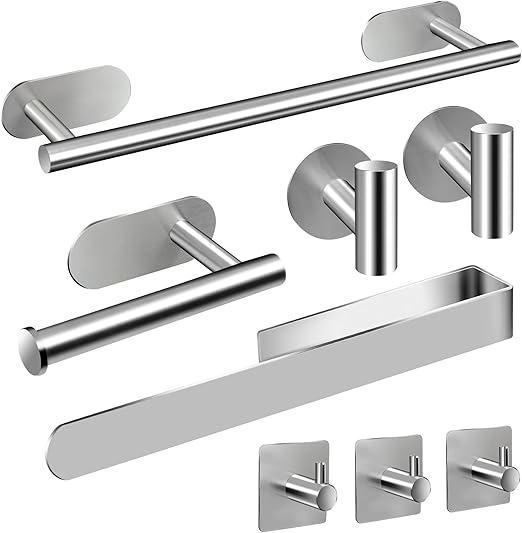 AIKER Toallero de Baño,8PCS Juego de Toalleros Sin Taladro,Acero Inoxidable 304 de Calidad Espesada Accesorios para Mueble o Colgador Pared Decoracion