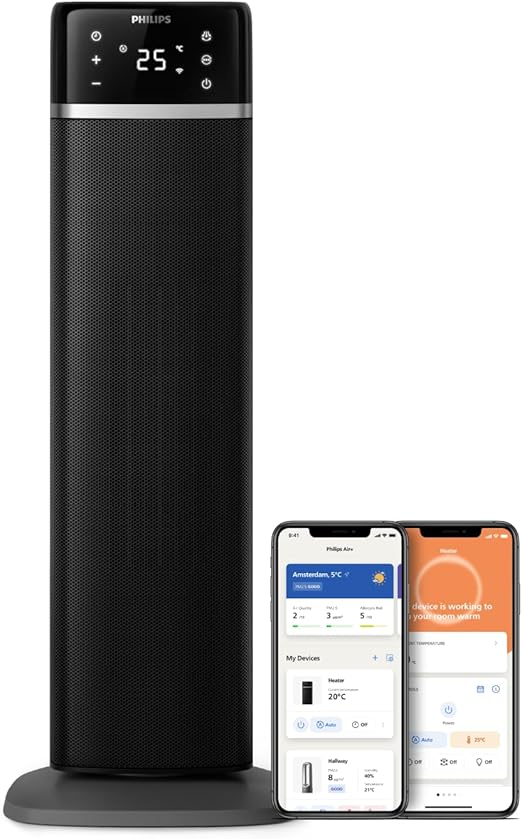 Philips Calefactor de torre Serie 5000 conectado, 2000W, hasta 50 % de ahorro energético, 4 modos, pantalla de temperatura, 5 funciones de seguridad, oscilación 60°, silencioso, negro/gris (CX5120/11)
