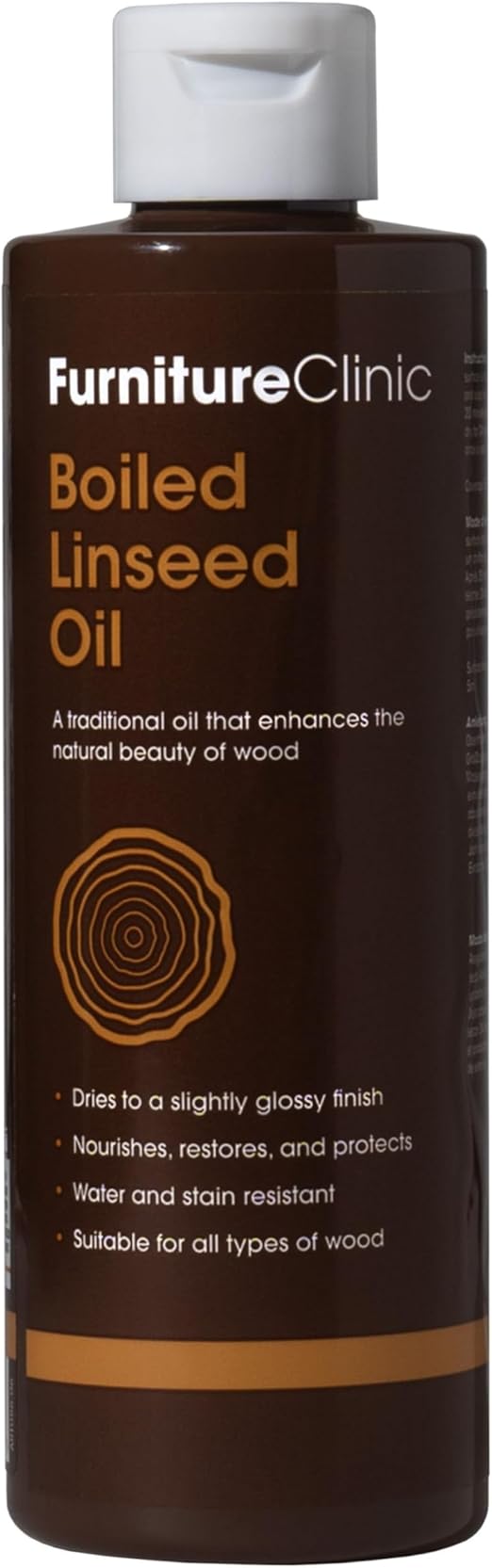 Aceite Natural de Linaza Cocido para Madera de Furniture Clinic, Interiores y Exteriores – Barniz de Aceite de Linaza Refinada - Protege, Trata, Repara e Hidrata las Superficies de Madera, Piedra y Metal: Muebles, Hogar y Jardín - 250ml