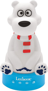 LEXIBOOK, Oso Polar, Cuentacuentos con luz del Oso de Peluche, luz Nocturna, para niños y niñas, 30 Historias en español, Azul, Blanco, Rojo, STN01ANXES
