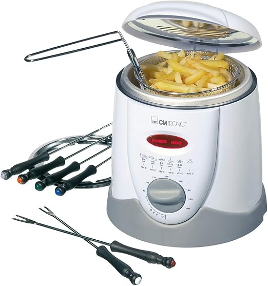 Freidora fondue Clatronic FFR 2916 |Capacidad: 1 litro de aceite/grasa | Termostato regulable sin escalonamientos |6 tenedores de fondue |Filtro de olores y vapores de grasa reemplazable|Blanco/gris