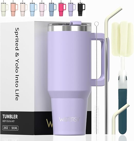 WATERSY Taza de Café con Asa 20 oz, 591 ml Vaso con Pajita, Vaso Termico para Tapa Acero Inoxidable, Termo de Agua Doble Pared, Travel Mug para Frío y Caliente (Morado)