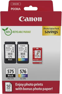 Canon Tinta y Papel - PG-575 + CL-576 - Pack de 2 Cartuchos Originales - (x 1 Negro, x 1 Tricolor) + Papel fotográfico 10 x 15 cm (50 Hojas)