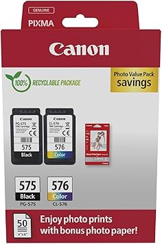 Canon PG-575 + CL-576, Cartuchos de Tinta Original, Cartucho de Tinta Independiente en Color Negro y Cartucho Multicolor, Incluye 50 Hojas Papel Fotográfico 4 x 6, Compatible con Impresoras PIXMA