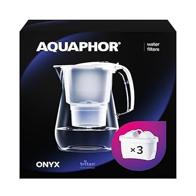 AQUAPHOR Jarra de Filtro de Agua Onyx Blanco - Capacidad de 4.2L, 3 filtros MAXFOR+ incluidos, reduce la cal, el cloro y los microplásticos, perfecta para familias, con efecto de vidrio